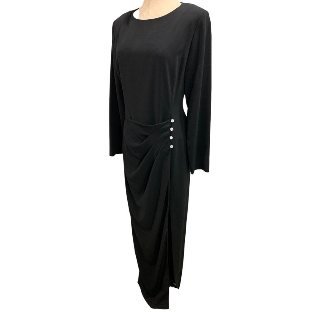 Size 10 Evan Picone Evening Dress Black Long 1990s Rhinestone Decorative Buttons